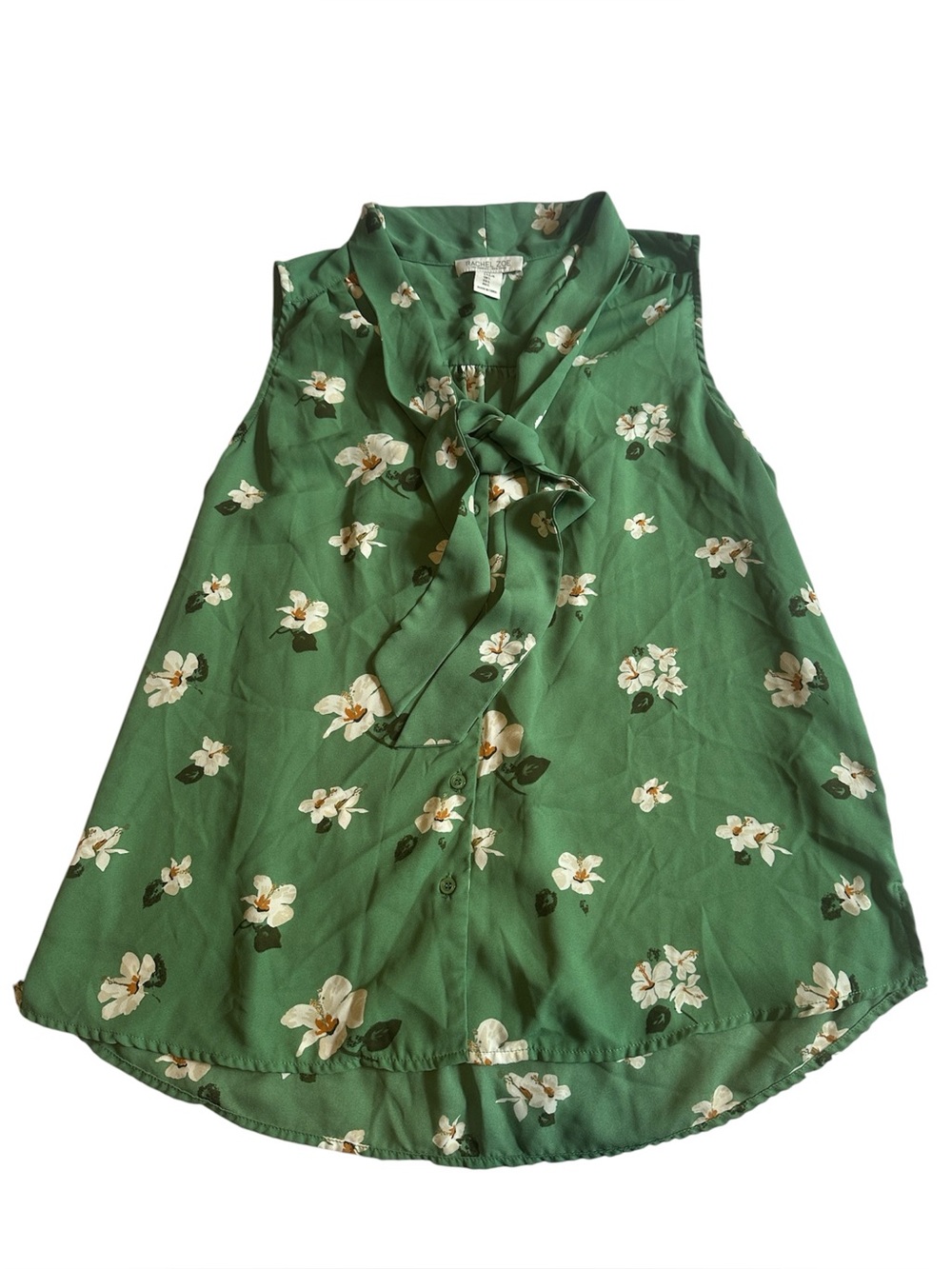 Rachel Zoe Women’s  Green Floral Tie-Neck Sleeveless Blouse size 12